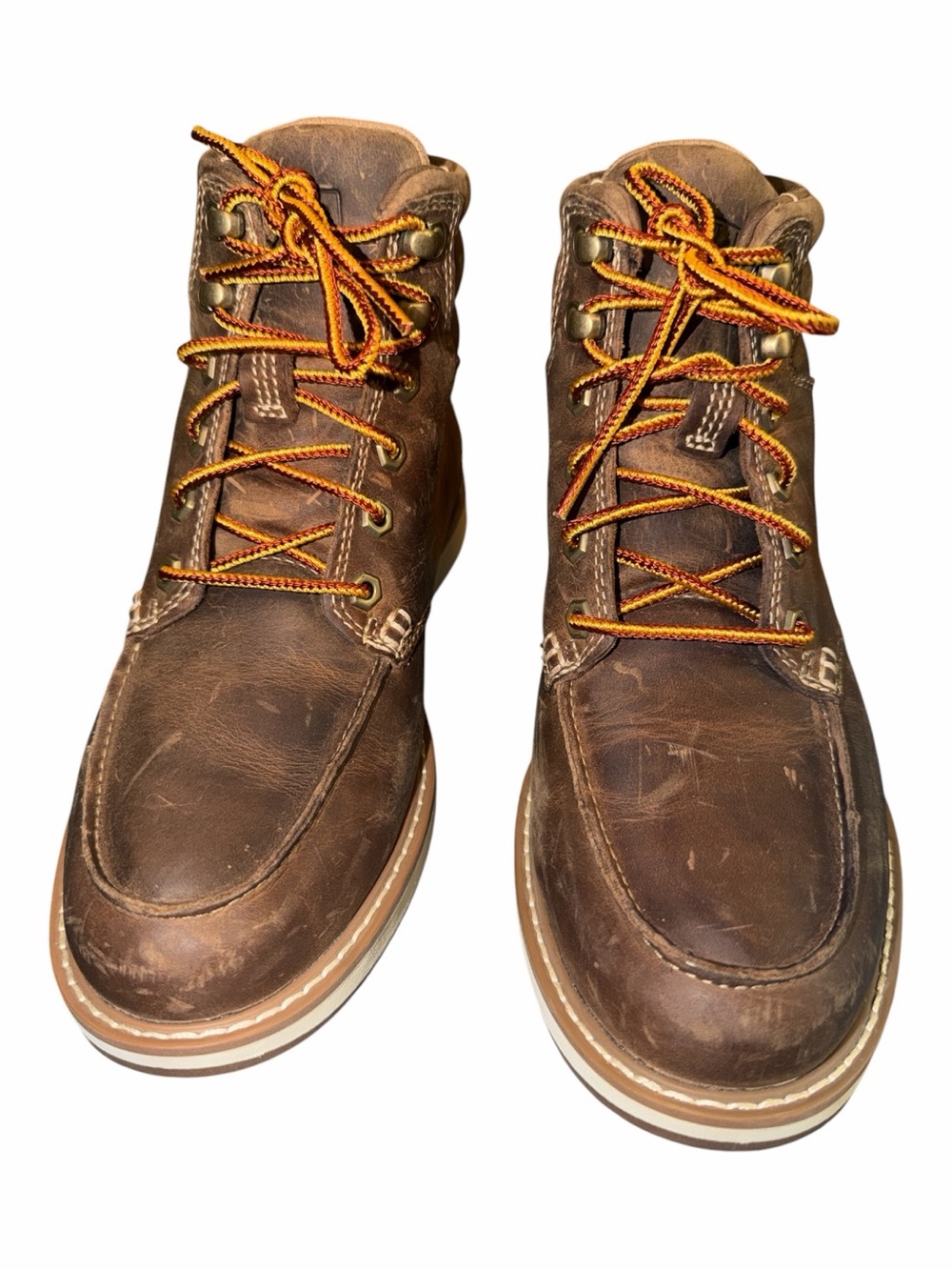 L.L. Bean Brown Leather Moc-Toe Boots with Orange Accent Laces